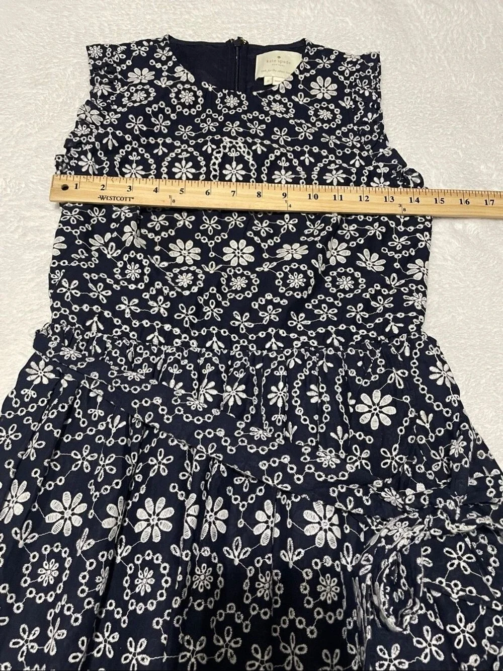 Kate Spade New York Sleeveless Navy and White Floral Eyelet Pattern Dress Sz 0